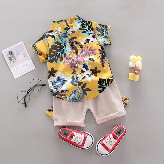 Summer Leaves Printed Yellow Short-Sleeved Shirt with Leaf Extension