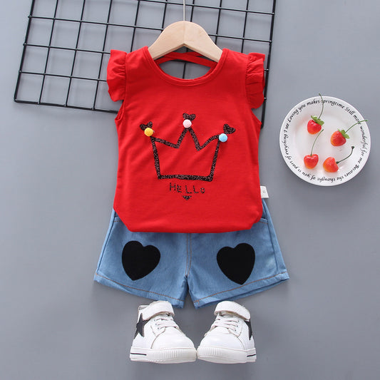 Unisex Outfits Cartoon Printed Short Sleeve Red Tops With Shorts