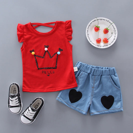 Unisex Outfits Cartoon Printed Short Sleeve Red Tops With Shorts
