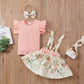 Baby Girl Floral Dress Ruffle Sleeve Ribbed Pink T-Shirt Top and Suspender Shorts and Headband