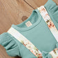 Baby Girl Floral Dress Ruffle Sleeve Ribbed Green T-Shirt Top and Suspender Shorts and Headband