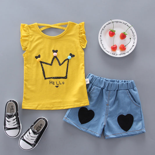 Unisex Outfits Cartoon Printed Short Sleeve Yellow Tops With Shorts