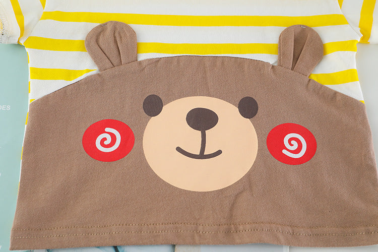 Cute Bear Round Neck Striped Shirt With Soft Cotton Shorts For Kids.