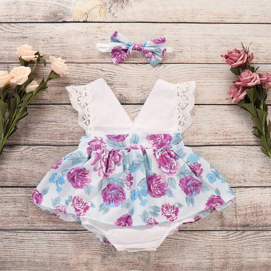Newborn Baby Girls Clothes Floral Romper Dress with Bow Jumpsuit