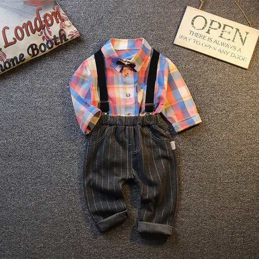 Kid Infant Baby Boy Clothes Gentleman Outfit Long Sleeve Plaid Shirt top Suspender Trousers Formal Suit