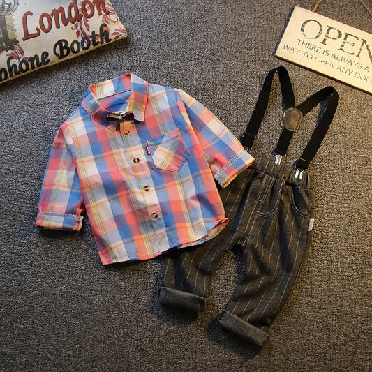 Kid Infant Baby Boy Clothes Gentleman Outfit Long Sleeve Plaid Shirt top Suspender Trousers Formal Suit