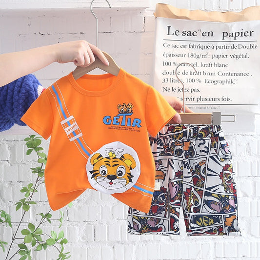 Cute Tiger Printed Short Sleeve Shirt With Printed Shorts 2-Piece Set For Kids