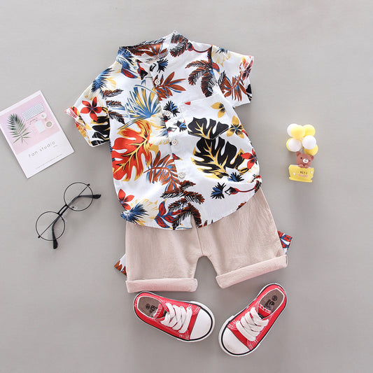 Summer Leaves Printed Short-Sleeved Shirt with Leaf Extension Cotton Shorts