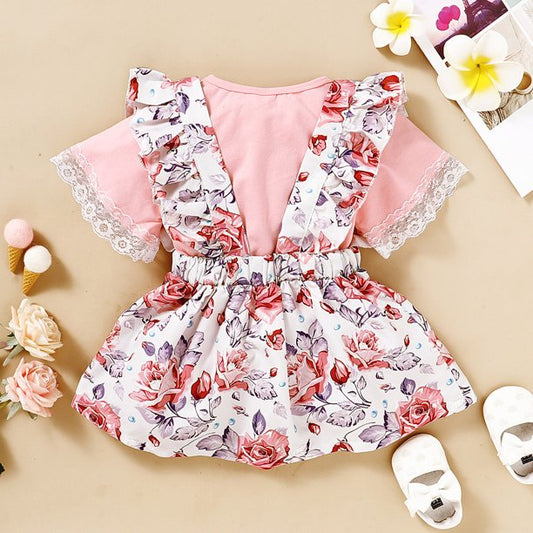 Girls Letter Tops with Floral Print Suspender Skirts Outfits Set