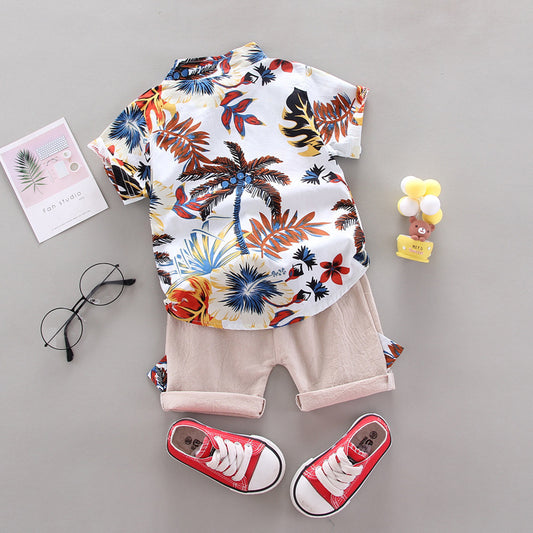 Summer Leaves Printed Short-Sleeved Shirt with Leaf Extension Cotton Shorts