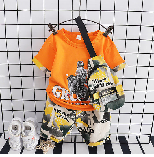 Fashion Motorcycle Backpack Short-Sleeved Baby Casual Orange Color Two-Piece Dress for Boys
