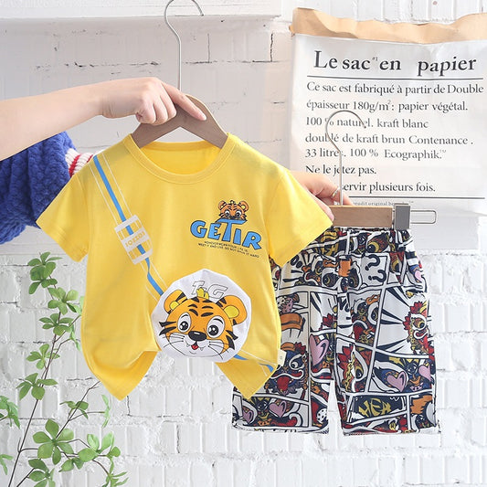 Cute Tiger Printed Short Sleeve Shirt With Printed Shorts 2-Piece Set For Kids