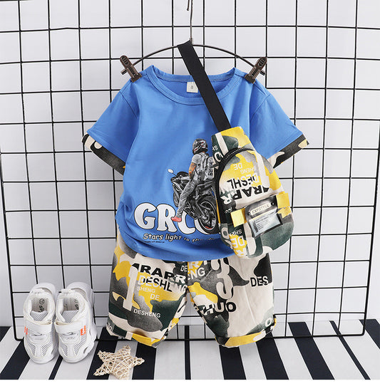 Fashion Motorcycle Backpack Short-Sleeved Baby Casual Blue Color Two-Piece Dress for Boys