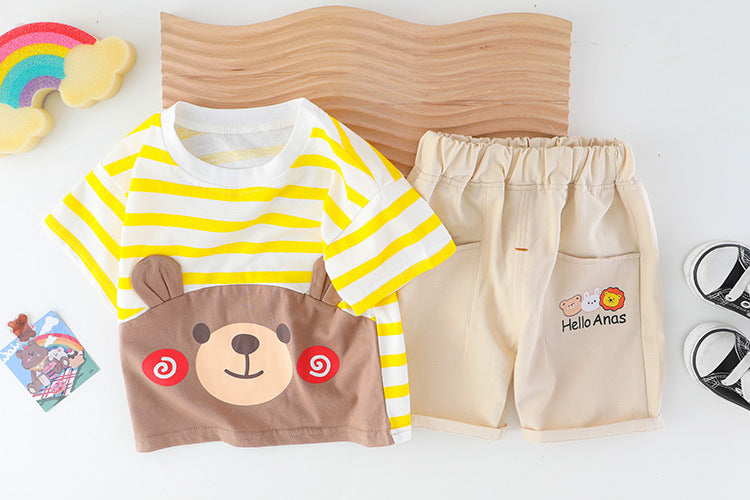 Cute Bear Round Neck Striped Shirt With Soft Cotton Shorts For Kids.