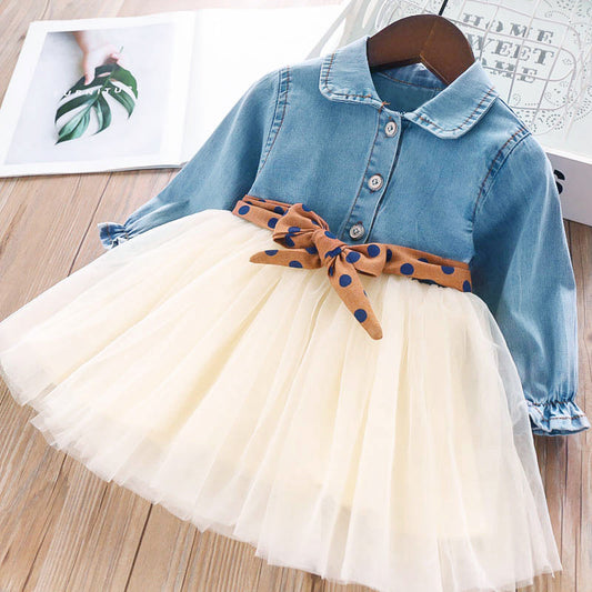 Girls Long Sleeve Denim Shirt Patchwork Party Dress For 1-3.5 Years