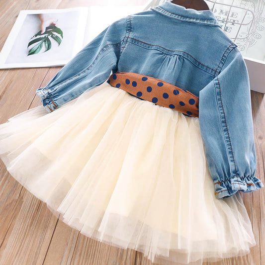 Girls Long Sleeve Denim Shirt Patchwork Party Dress For 1-3.5 Years