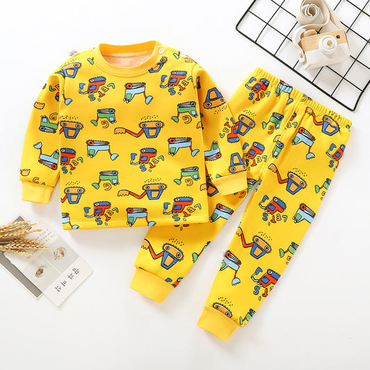 Unisex Warm Pajamas Sets Cute Cute Robot Printed O-Neck Winter Track Suits