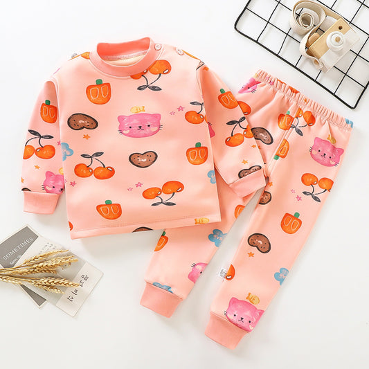Girls Warm Pajamas Sets Cute Cherry Printed O-Neck Winter Track Suits