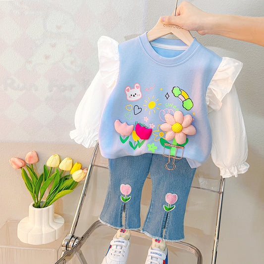 3D Flower Lace Sleeve Long Sleeve Princess Blue Baby Girl Dress