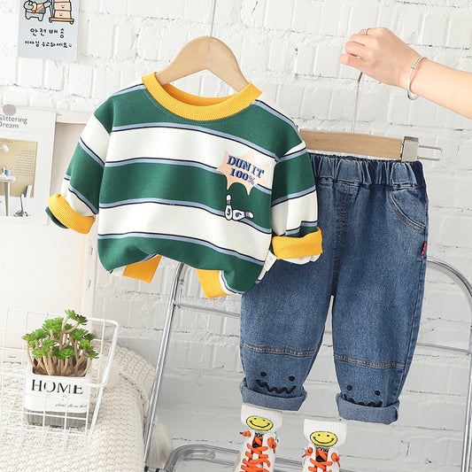 Boys Green Stripe Print Sweatshirt and Jeans Set