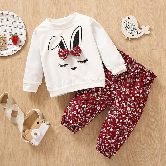 Baby girl Rabbit and Floral print Long-sleeve Top and Trouser Sets For 6m-3 Years
