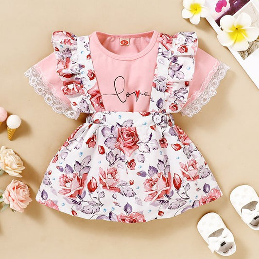 Girls Letter Tops with Floral Print Suspender Skirts Outfits Set