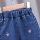 Unisex Baby Strawberry patched Elastic Waist Blue Denim Pants