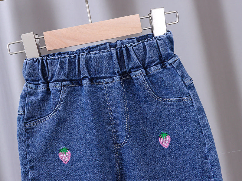 Unisex Baby Strawberry patched Elastic Waist Blue Denim Pants