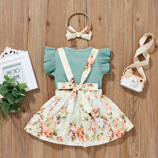 Baby Girl Floral Dress Ruffle Sleeve Ribbed Green T-Shirt Top and Suspender Shorts and Headband