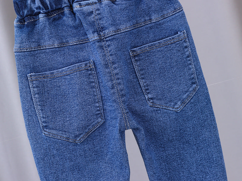 Unisex Baby Strawberry patched Elastic Waist Blue Denim Pants