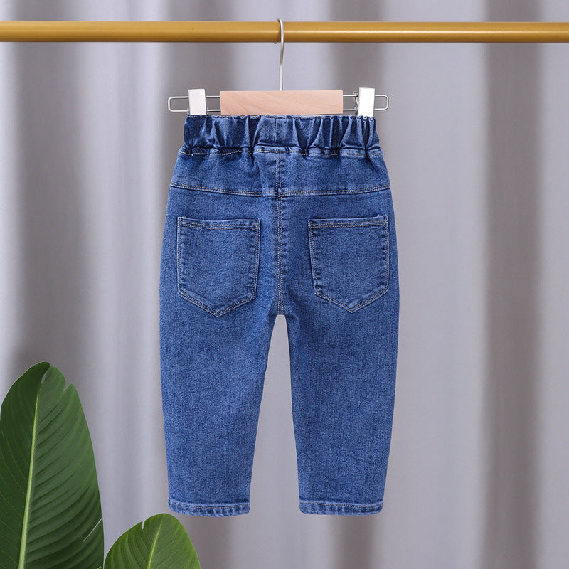 Unisex Baby Strawberry patched Elastic Waist Blue Denim Pants