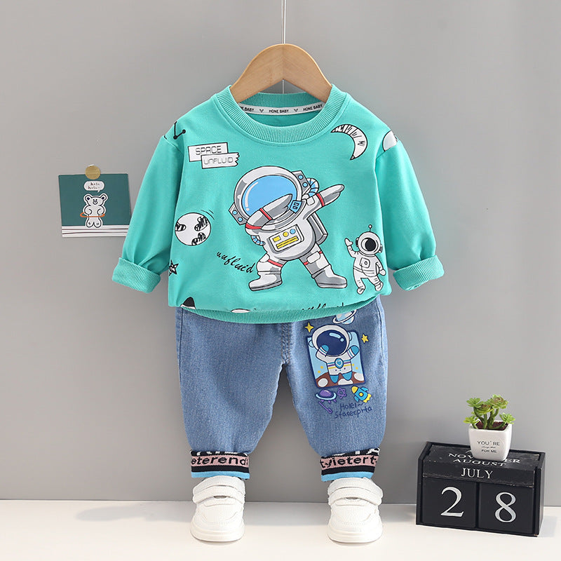 Little Astronaut Light Green Printed Sweatshirt and Jeans pants