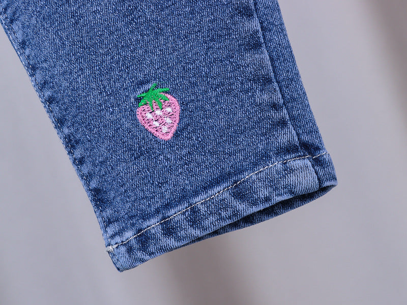 Unisex Baby Strawberry patched Elastic Waist Blue Denim Pants