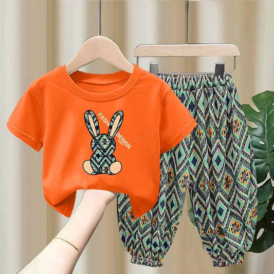 Unisex Cartoon Bunny Printed Orange T-Shirts and Shorts Set