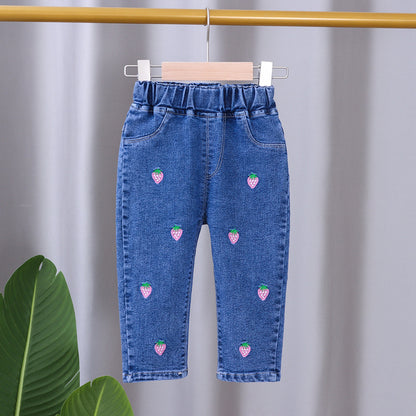 Unisex Baby Strawberry patched Elastic Waist Blue Denim Pants