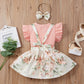 Baby Girl Floral Dress Ruffle Sleeve Ribbed Pink T-Shirt Top and Suspender Shorts and Headband