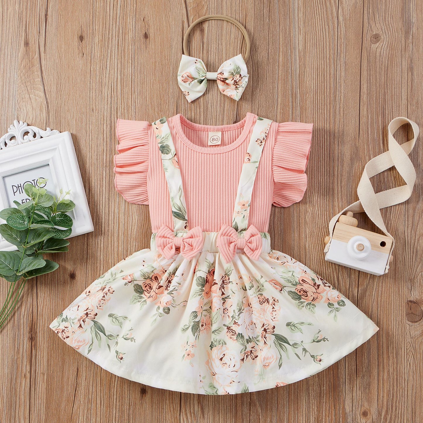 Baby Girl Floral Dress Ruffle Sleeve Ribbed Pink T-Shirt Top and Suspender Shorts and Headband