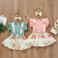 Baby Girl Floral Dress Ruffle Sleeve Ribbed Green T-Shirt Top and Suspender Shorts and Headband