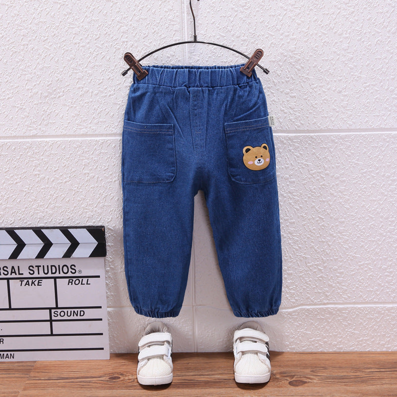 Unisex Baby bear Elastic Waist Blue Denim Pants