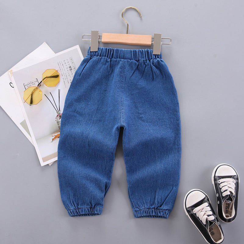 Unisex Baby bear Elastic Waist Blue Denim Pants