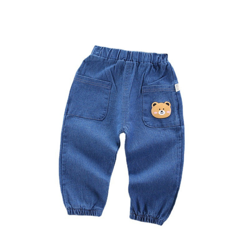 Unisex Baby bear Elastic Waist Blue Denim Pants