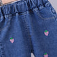 Unisex Baby Strawberry patched Elastic Waist Blue Denim Pants