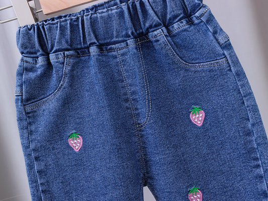 Unisex Baby Strawberry patched Elastic Waist Blue Denim Pants