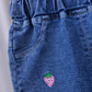 Unisex Baby Strawberry patched Elastic Waist Blue Denim Pants