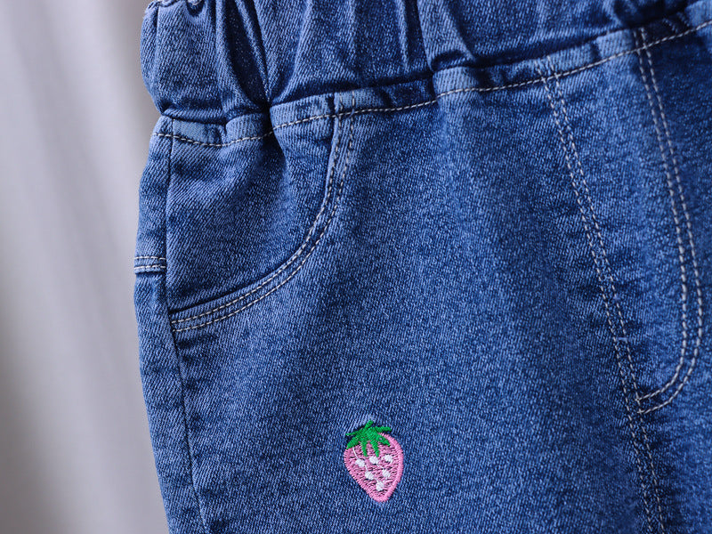 Unisex Baby Strawberry patched Elastic Waist Blue Denim Pants