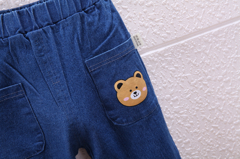 Unisex Baby bear Elastic Waist Blue Denim Pants