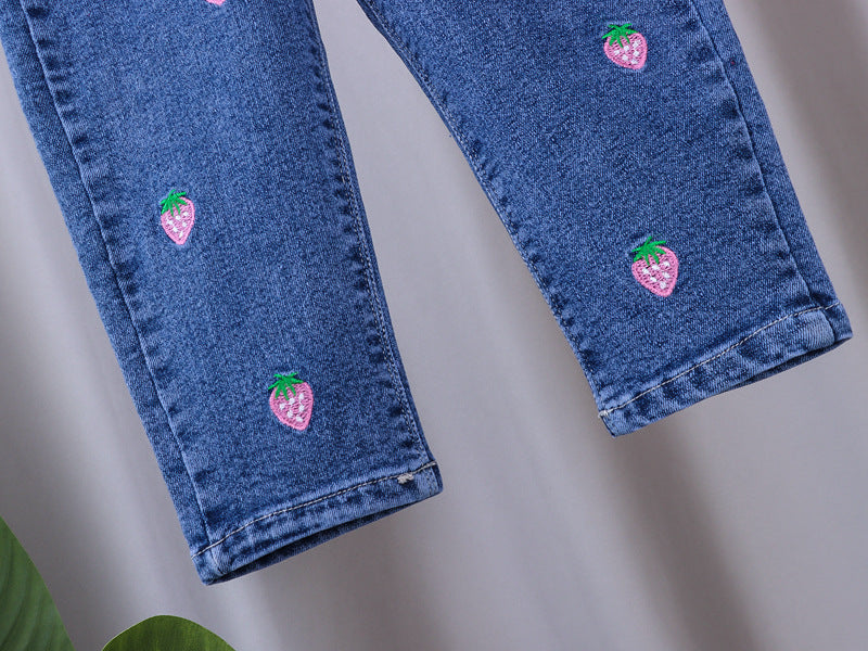 Unisex Baby Strawberry patched Elastic Waist Blue Denim Pants