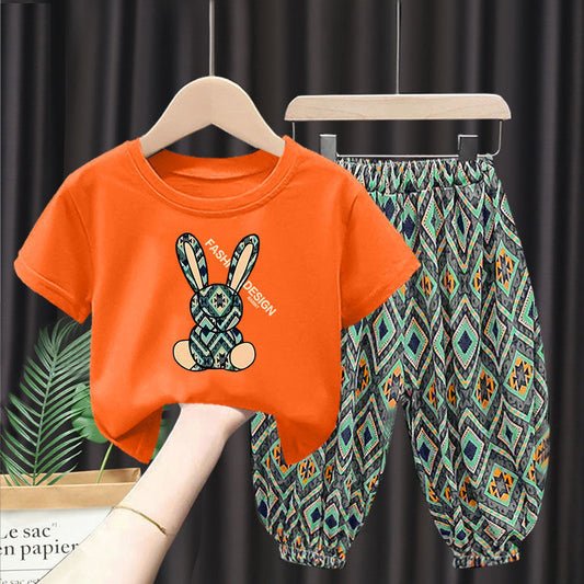 Unisex Cartoon Bunny Printed Orange T-Shirts and Shorts Set