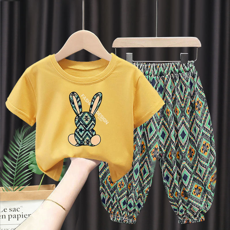 Unisex Cartoon Bunny Printed Yellow T-Shirts and Shorts Set