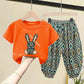 Unisex Cartoon Bunny Printed Orange T-Shirts and Shorts Set